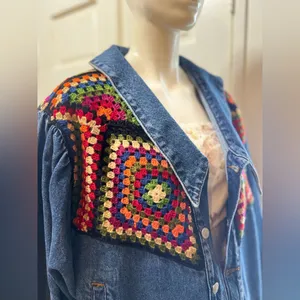 Farm Rio X Anthropologie Crochet Denim Trucker Jacket SZ Medium thumbnail 6