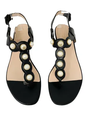 Gucci Willow Black Leather Faux Pearl GG Logo T-Strap Sandals 38 thumbnail 1
