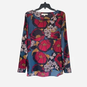 LOFT Top Womens S Multicolor Floral Blouse Boat Neck Tab Sleeve Pullover Woven M thumbnail 2