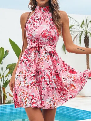 Halter-Neck Pink Floral Tie-Waist Mini Dress thumbnail 1