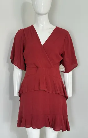 Altar’d State Mini Dress Red Boho Ruffle Tiered Flutter Sleeve V-Neck M NWT thumbnail 1