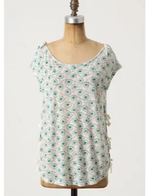 Anthropologie Pilcro White Green Printed Side Tie Short Sleeve Top thumbnail 1