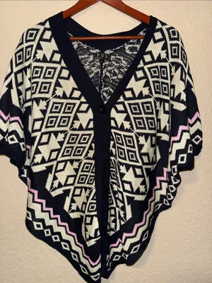 POL Black, Cream & Pink Geometric Knit Poncho Cardigan thumbnail 1