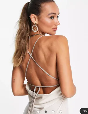 ASOS DESIGN color block satin midi dress with chiffon bodice detail in stone thumbnail 2