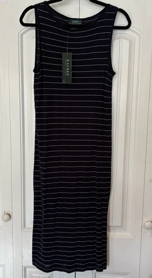 Lauren‎ Ralph Lauren Blue And White Stripe Midi Dress Size Medium thumbnail 1