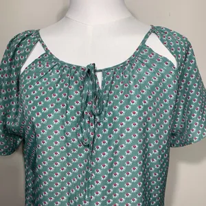 Tulle Elephant Print Blouse Women Small‎ Teal Green Tie Neck Shoulder Cutout Top thumbnail 3