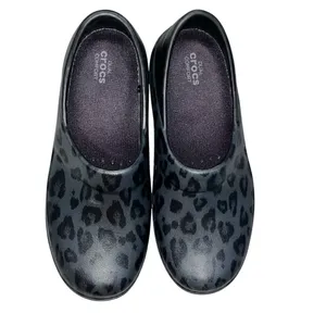 Crocs Black & Gray Leopard Print Neria Pro Slip Resistant Work Clogs Shoes 7 thumbnail 2
