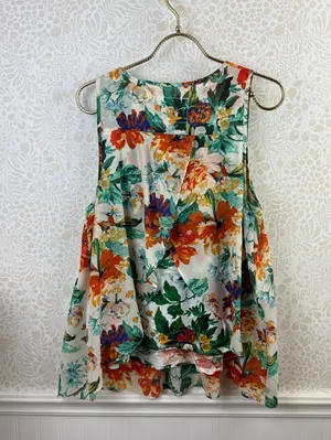 Meadow Rue for Anthropologie White Floral Cotton Split Back Tank - Size - Large thumbnail 2