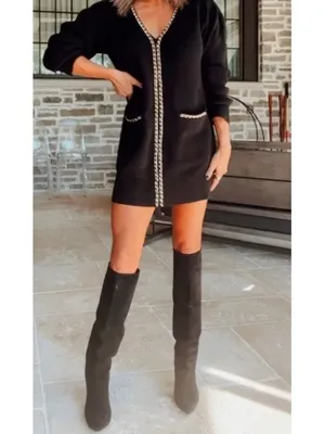 Lovers Friends Norina Cardigan Dress Black Chains Knit Edgy Chunky Sweater Mini thumbnail 4