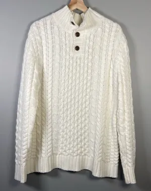 Cable-Knit Ivory‎ Mockneck Cotton Blend Fisherman Sweater Size M Neutral Minimal thumbnail 1
