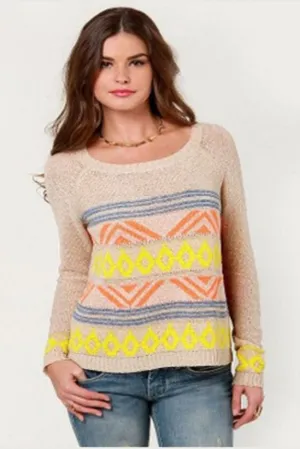 Lulus Boho Aztec Beige Embroidered Print Lightweight Knit Sweater Womens L thumbnail 1