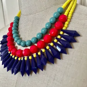 Yellow beaded red and green and blue statement necklace thumbnail 2