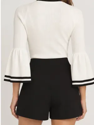 Anthropologie Maeve Modern Ivory Black Bell Sleeve Ribbed Flute Sweater thumbnail 2