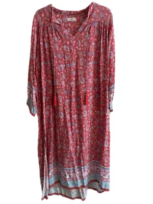 Natural Life Dara Floral Tassel Kaftan 3/4 Sleeve Maxi Dress Size XL hippie boho thumbnail 2