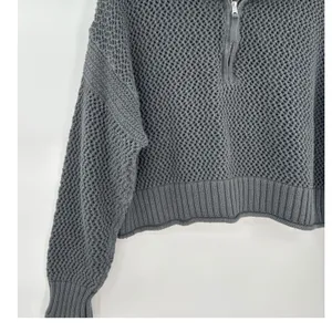 Aerie Women Dark Gray‎ Open Knit Quarter Zip Cropped Cotton Sweater Size M thumbnail 3