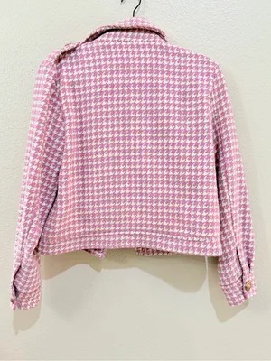 TCEC Pink Tweed Houndstooth Blazer Jacket & Skort Shorts Set Metallic Gold M thumbnail 4