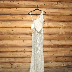 Mac Duggal 5687 SEQUINED ONE SHOULDER DRAPED LACE UP GOWN dress Silver 8 thumbnail 10