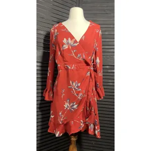 LE LIS Red Floral Print‎ Wrap Dress with Ruffle Hem Bell Sleeves Size M thumbnail 2