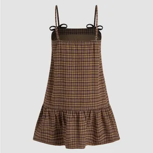 Cider Square Neck Check Ruffle Bowknot Babydoll Mini Dress thumbnail 4