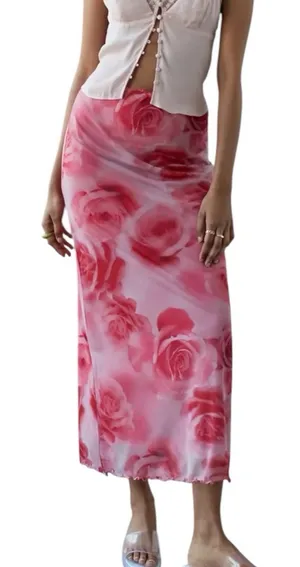 NWT Urban Outfitters UO Wave Maxi Mesh Skirt Pink Floral Size Large thumbnail 1