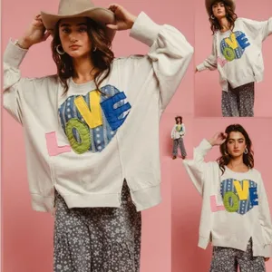 BiBi Pullover‎ Sweatshirt Gray Artsy Love Boho Patchwork Graphic Women XL/XXL thumbnail 9