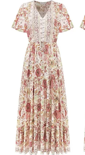 Vivimos Floral Maxi Dress L Prairie Flowy Relaxed Romantic Henley Elastic Waist thumbnail 1