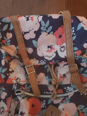 Navy Floral Backpack with Tan Straps Blue thumbnail 3