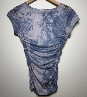 Free People Women Keep it Simple‎ Mesh Baby Tee Top XS Blue Celestial Ruched thumbnail 1