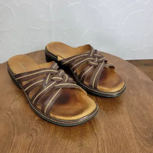 Clarks Womens Sandals Size 8M Brown Leather Open Toe Strappy Slip Ons 72678 thumbnail 2