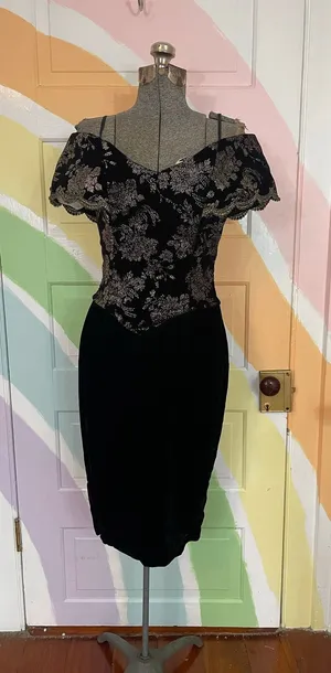 Vintage Scott McClintock Black Velvet Silver Brocade Off Shoulder Dress thumbnail 1