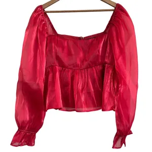 Lulus Red Organza Puff Sleeve Peplum Top Square Neck Shimmer Blouse Large‎ thumbnail 1