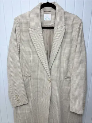 Primark Cream Plaid Long‎ Blazer Jacket Size 12 thumbnail 5
