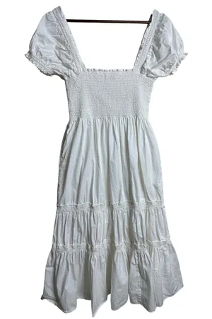 O.P.T Daphne Smocked Square Neck Puff Sleeve Cotton Dress size L Midi White thumbnail 1