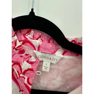 Crown & Ivy Womens Large Pink White Heart Print Ruffle Clip Dot Cotton Blouse thumbnail 7