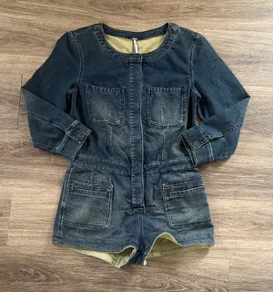 Free People Denim Romper in Dark Blue Womens Long Sleeve Collarless Size 4 thumbnail 1