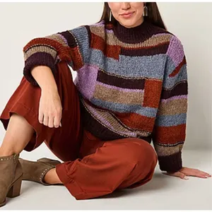 NWT a.n.a. Women’s Patchwork Sweater Large Colorblock Long Sleeve Boho Brown NEW thumbnail 3