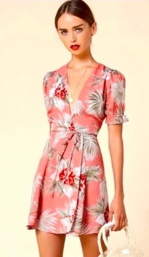 Reformation Pink Lourdes Tropical Print Wrap Dress size medium thumbnail 1