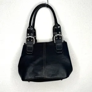 Tignanello Black Genuine Leather Satchel Handbag Buckle Top Handle Y2K thumbnail 4