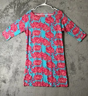 Lilly Pulitzer Cassie Flamingo Print Cotton Shift Dress 3/4 Sleeve Size Small thumbnail 1