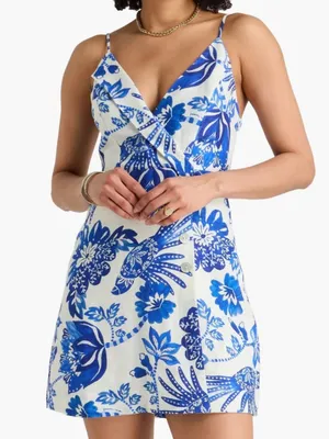 NWT FARM Rio Linen Faux Wrap Floral Birds Dress White Blue Size XS Retail $185 thumbnail 1