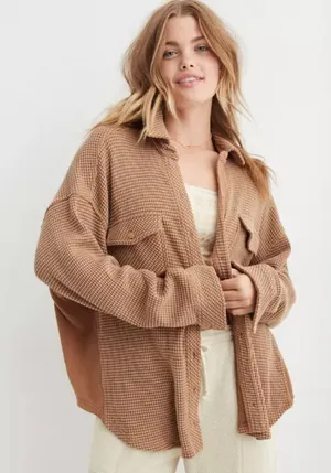 Aerie LumberJane Waffle Button Up Shirt Oversized Size Large thumbnail 1