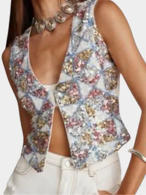 12th Tribe NWT Sequin Open Front Vest Top Large Pastel Geometric Festival Boho thumbnail 1
