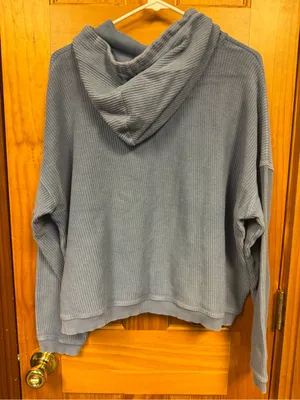 Aerie American Eagle Blue Ribbed Knit Cropped Hoodie Size L thumbnail 5