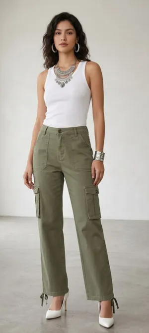 Olive Green Cargo Pants Women's Small Y2K Utility Parachute Pants Drawstring Hem thumbnail 1