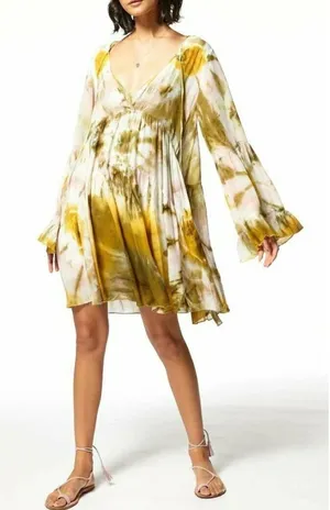 Young Fabulous & Broke Tie Dye‎ Mini Dress Womens Small Yellow Boho Bell Sleeve thumbnail 1