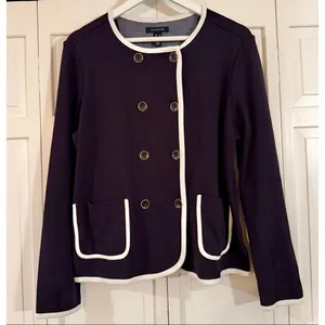 Lands End Blazer Cardigan nautical navy and white size 16 thumbnail 3