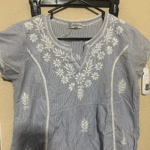 Jayshree Dalal Blue White Seersucker Floral Embroidered Tunic Dress Medium thumbnail 5