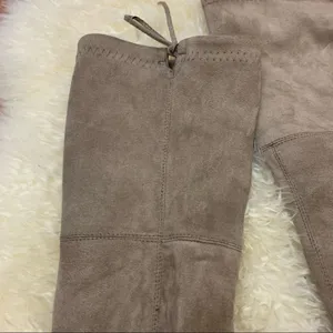 Over the knee stretch vegan suede heeled boots tan thumbnail 3