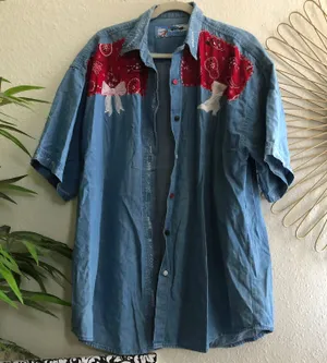 Vintage Blue 90s and red denim short sleeve shirt with hand embroidery and bow detailing. 100% COTTON thumbnail 1