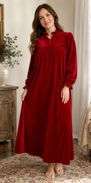 Vintage Red Velour Nightgown‎ Women Medium Quilted Ruffle Zip Long Sleeve Appel thumbnail 1